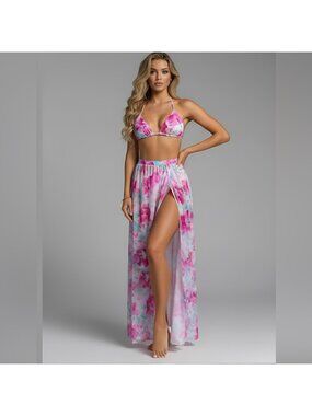 Flower Print  Bikini Swimsuit Set With Beach Skirt